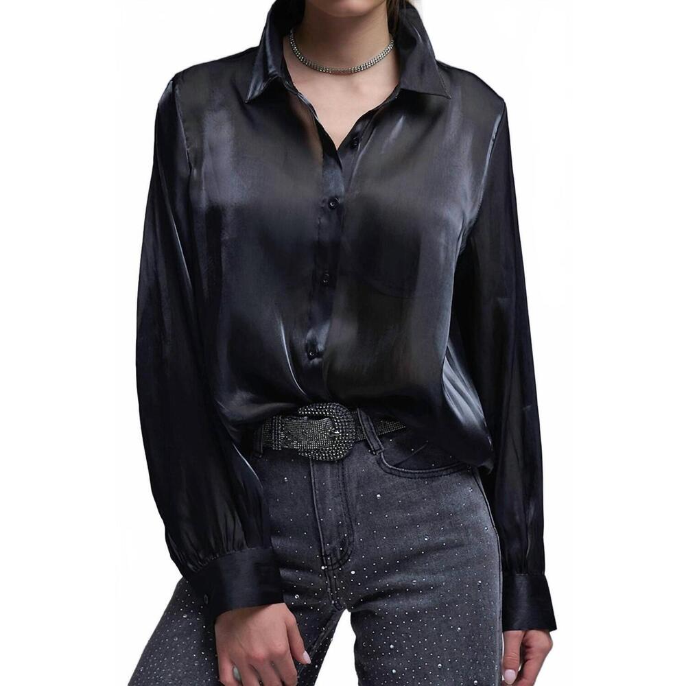 NEW Q2 elegant silk button up top in black